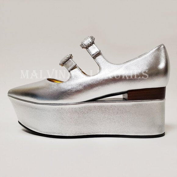 GUCCI SHOES SILVER LEATHER CUT OUT WEDGE PUMP CRYSTAL BUCKLES - Picture 6 of 13